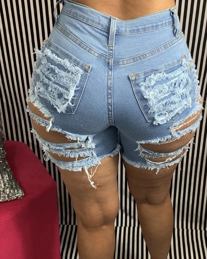 High Waist Ripped Stretch Denim Shorts Women