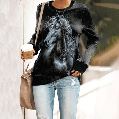 Western Horse Print Long Sleeve Crew Neck Sweatshirt