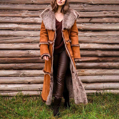 Women's Vintage Suede Fleece Fur Long Shearling Hooded Jacket Afghan Coat