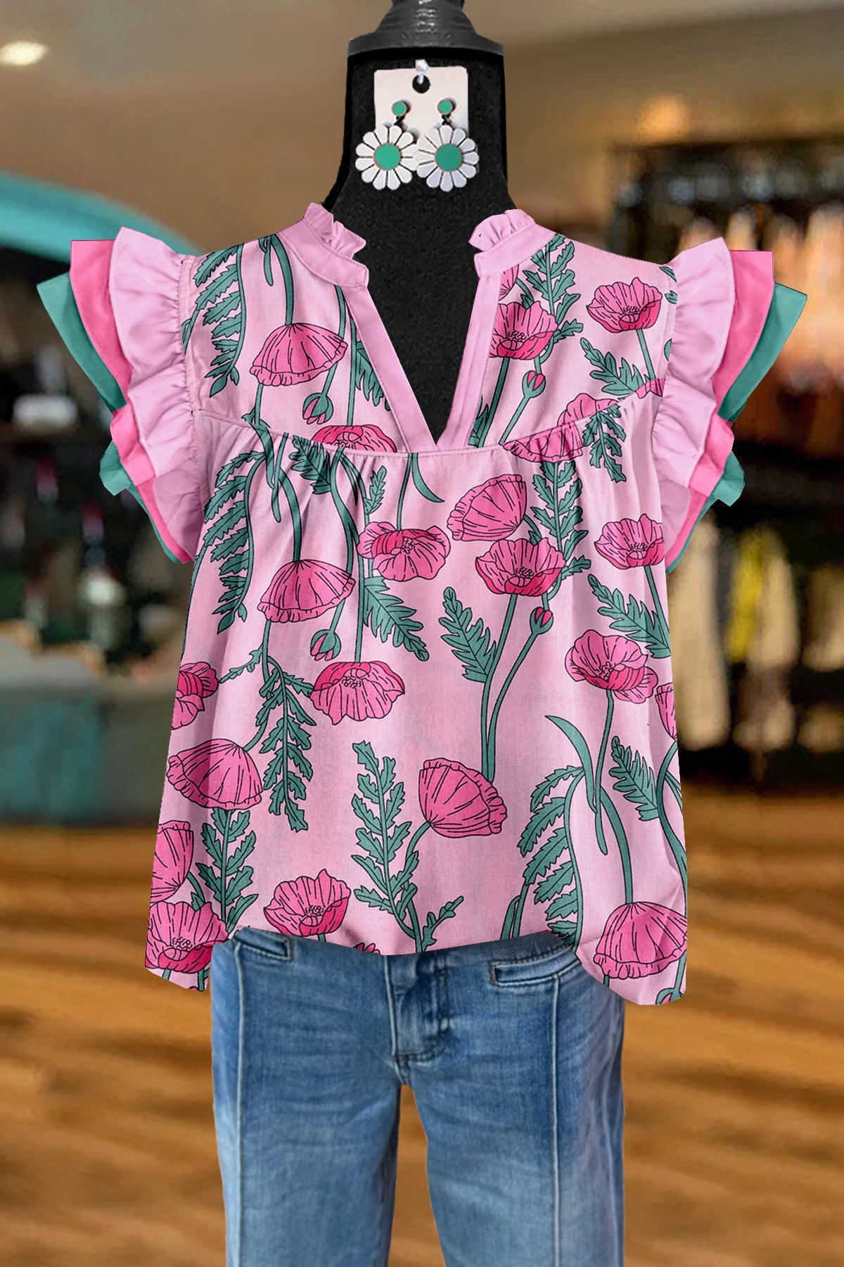 Sweet Floral Print Flying Sleeves Pleated V-Neck Blouse