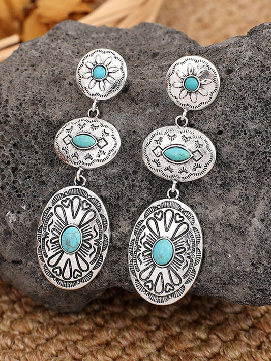 Western Cowboy Retro Turquoise Ethnic Exaggerated Alloy Earrings-0520