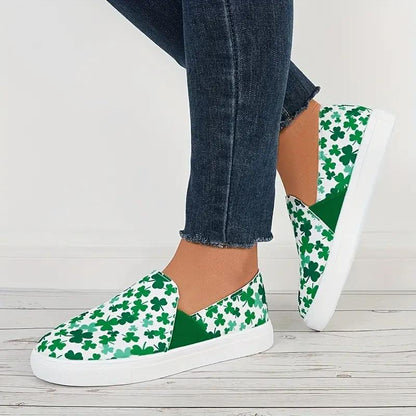 Women's Clover Pattern Slip On Canvas Sneakers Round Toe Low Cut Casual Shoes For Leisure Walking