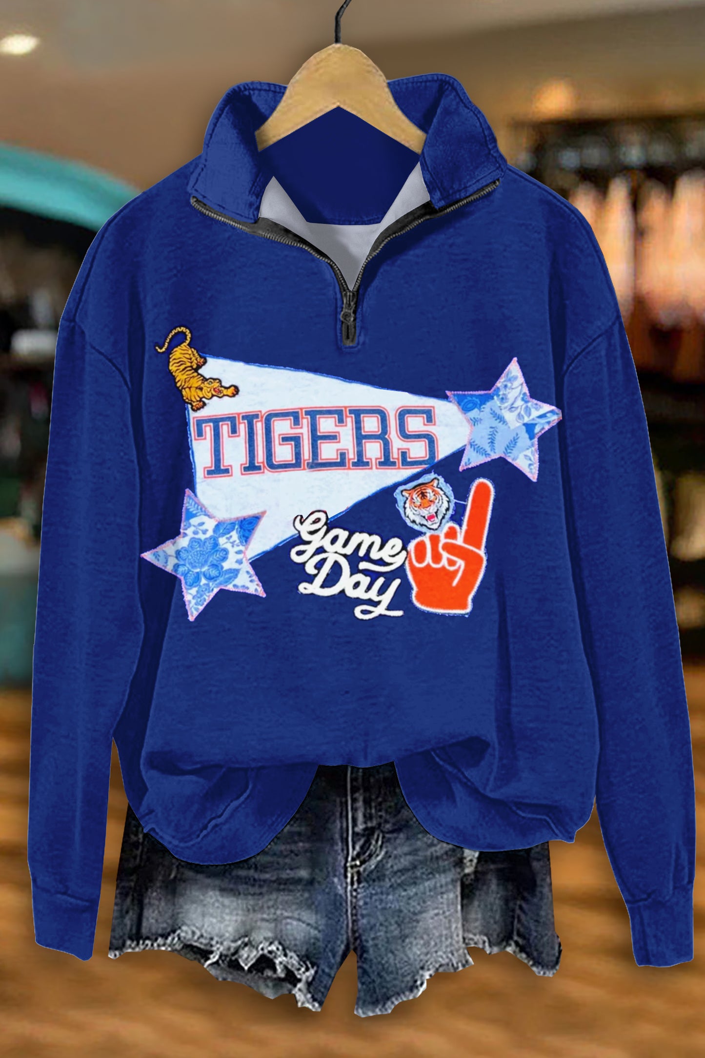 Vintage Tigers Print Zipper Sweatshirt