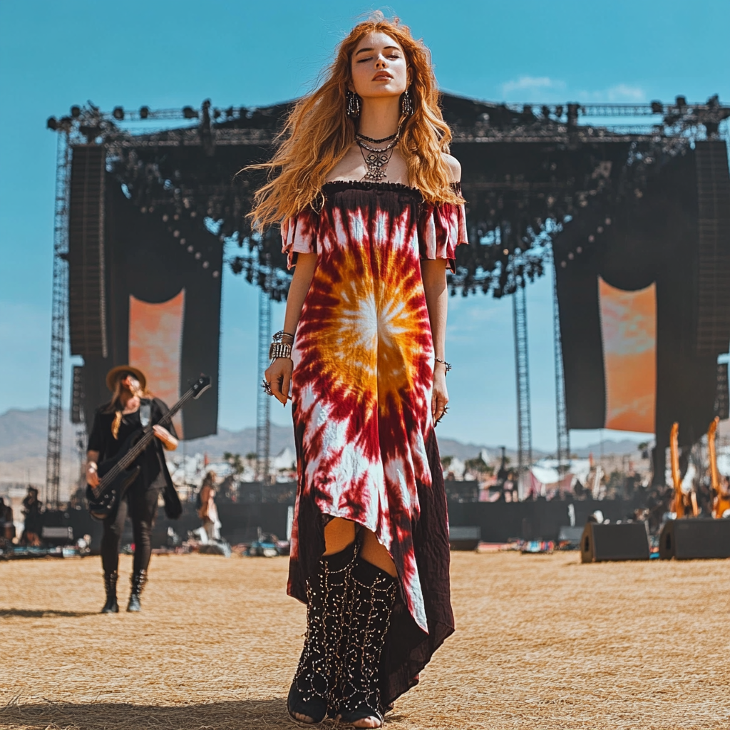 Coachella Music Festival Rock Rave Party Tie-Dye Ruffle Floral Fringed Lace Vintage Dress