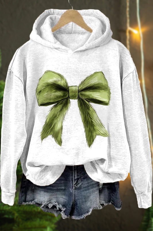 Christmas Green Fur Coquette Bow Print Hoodie