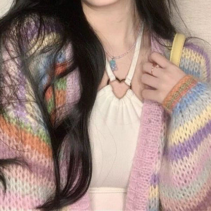 Rainbow Striped Sweater Coat For Women Autumn And Winter Mid-length Loose Color Matching Mohair Knitted Cardigan