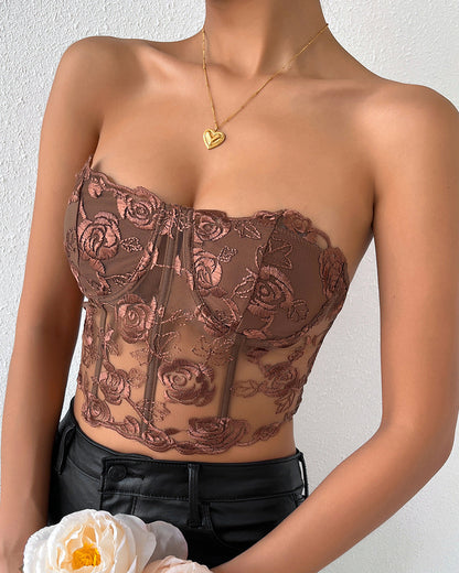 Lace Mesh Rose Tube Top Keel Vest