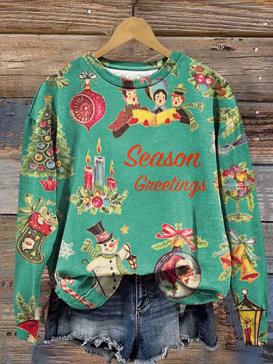 Vintage Snowman and Christmas Tree Art Print Casual Sweatshirt