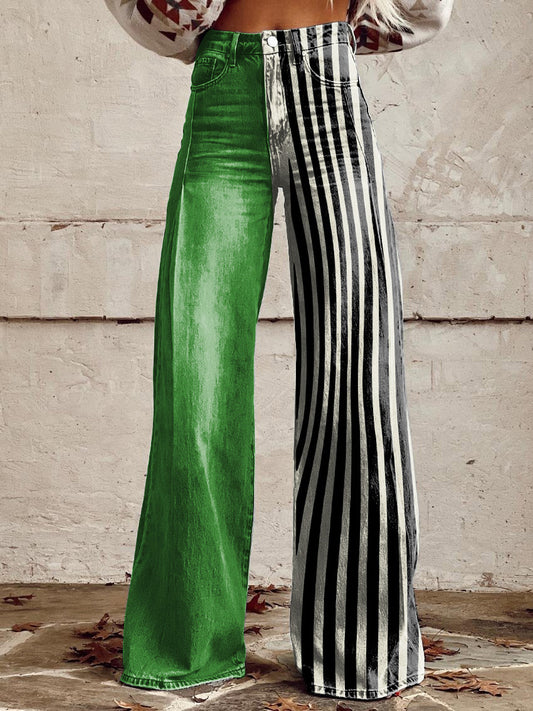 Women's Retro Abstract Art Print Contrast Wide Leg Pants