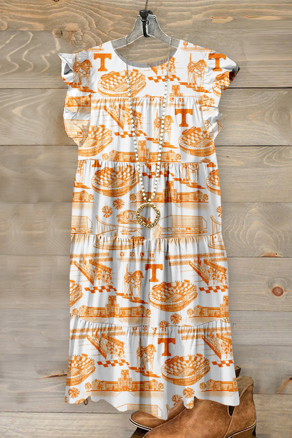 Cute Gameday Tennessee Volunteers Print Ruffled Pleated Dress