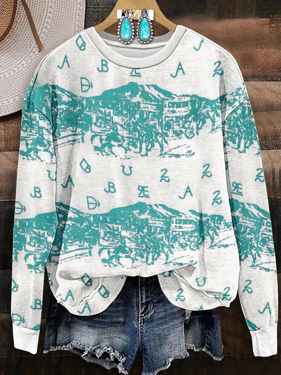 Vintage Western Print Casual Sweatshirt