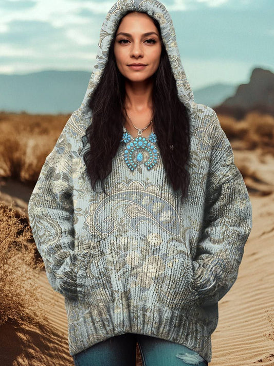 Paisley Print Knit Pullover Hooded Sweater