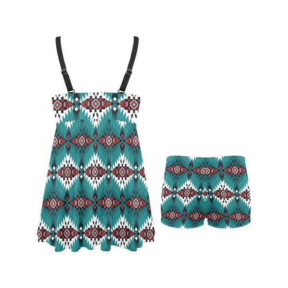 Teal Aztec Swim Dress & Shorts Set