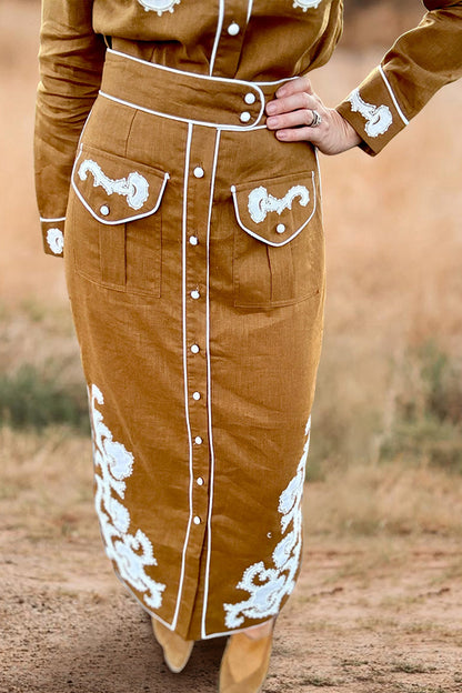 Retro Western Print Buttoned Maxi Skirt