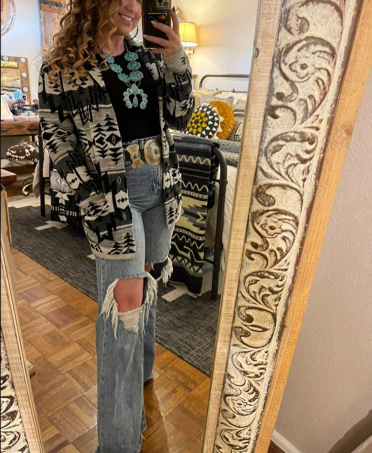 Fit Long Cardigan Vintage Western Aztec Knit Sweater