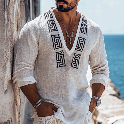 Men's Leisure Greek Key Graphics Linen V-neck Shirt