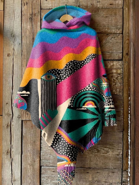 Women's  Hippie Print Casual Knitted Blanket Poncho Hood Cape