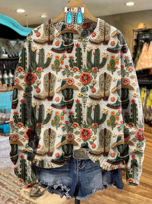 Beige Vintage Western Cactus Print Knit Pullover Sweater