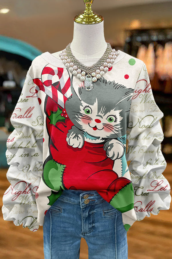 Cute Christmas Cat Print Pleated Sweatshirt