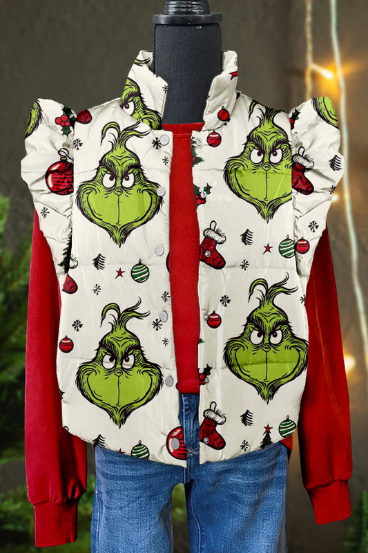 Funny Christmas Grinch Print Ruffle Vest