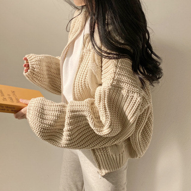 Vintage Chunky Knit Cardigan Zippered Cable Sweater