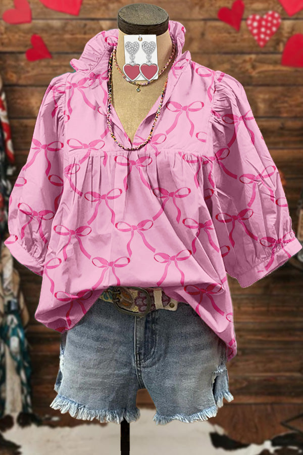 Sweet Valentine's Day Bow Print Puff Sleeve Blouse