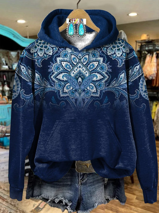 Navy Blue Vintage Ethnic Flowers Print Casual Hoodie Sweatshirt