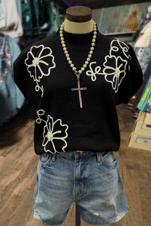 Floral Embroidered Cap Sleeve Sweater Top