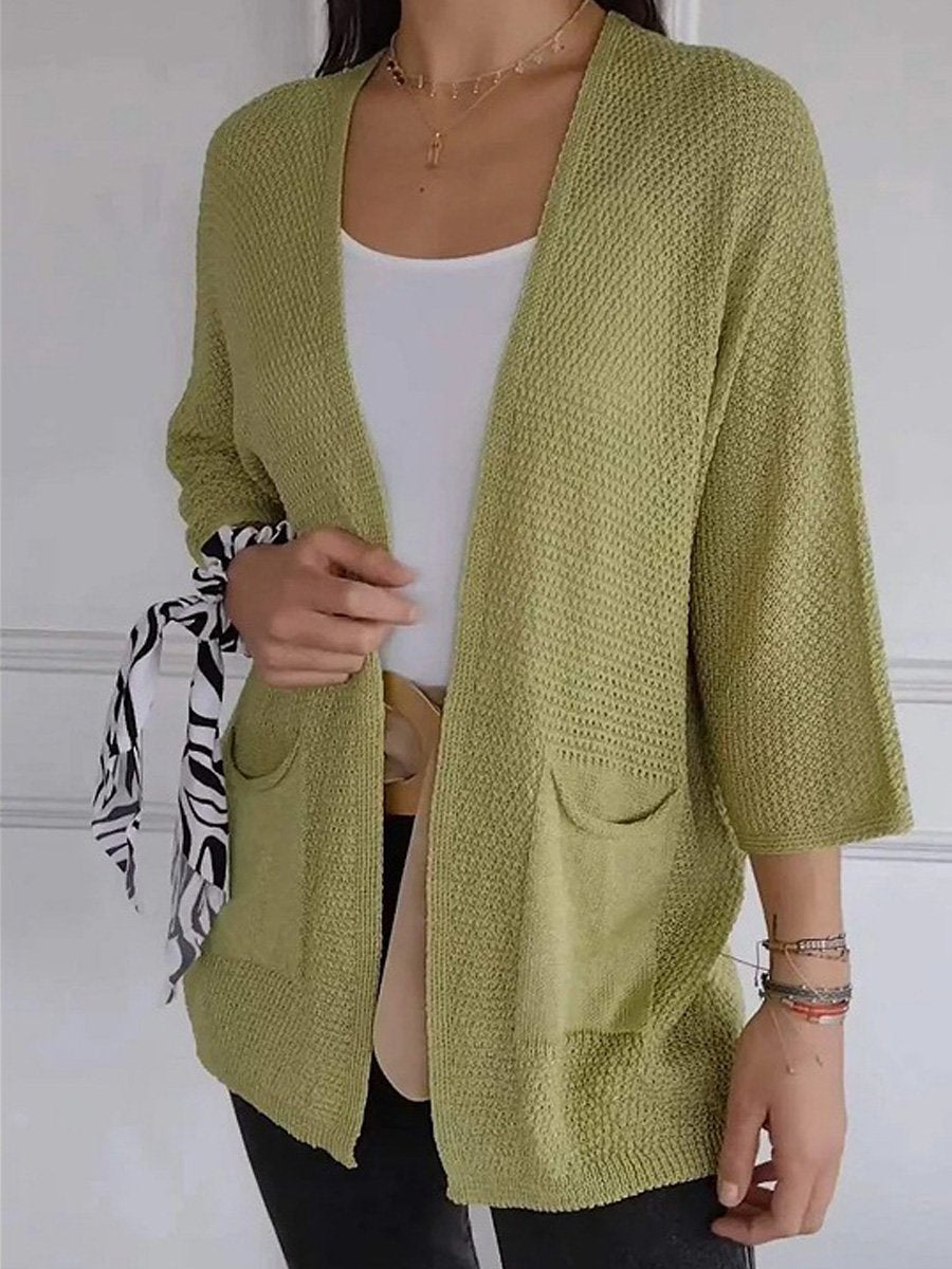 Women's Waffle Grid Texture Nine Quarter Sleeve Casual Cardigan Jacket