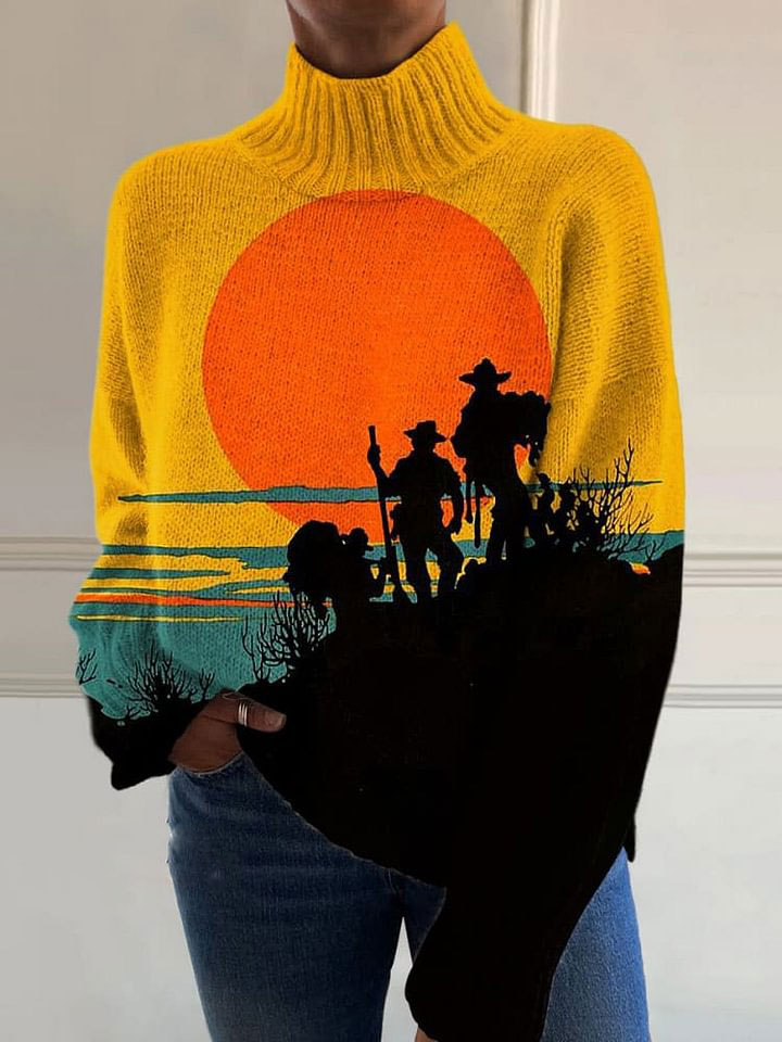 Retro Bright Sunrise Silhouette Print Knit Turtleneck Pullover Sweater