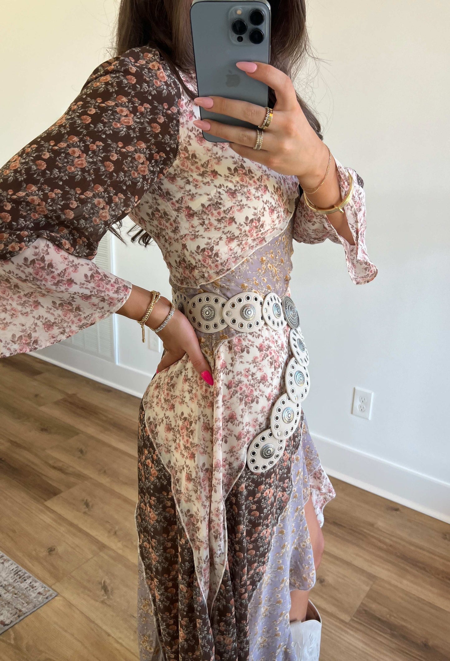 Irregular Long Sleeve Floral Maxi Dress