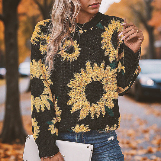 New Autumn And Winter Tops, Sunflower Round Neck Long-sleeved Knitted Pullover Sweaters For Women