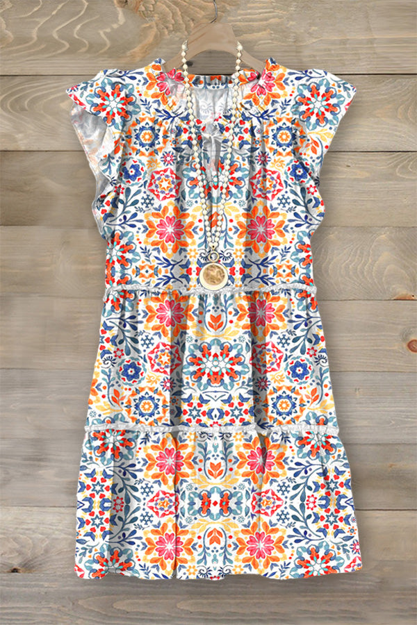 Vintage Graphic Print Ruffled Midi Dress