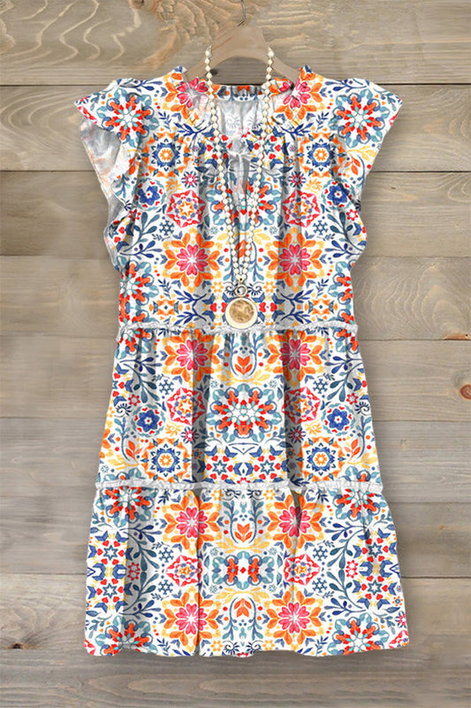 Vintage Graphic Print Ruffled Midi Dress