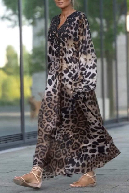 Women's Casual V-neck Leopard Printed Loose Dress