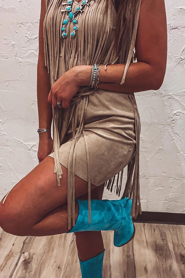 Solid Color V-neck Fringed Dress