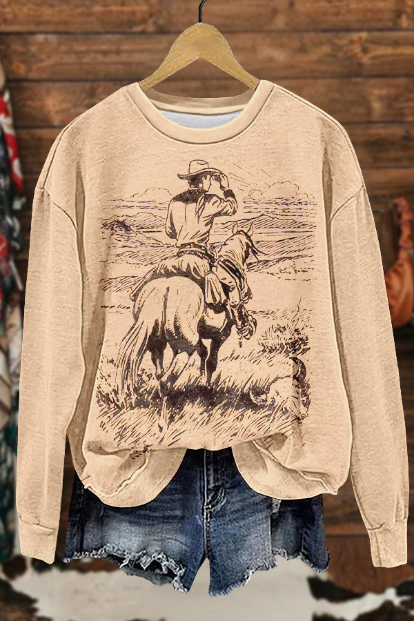 Retro Western Cowboy Print Sweatshirt