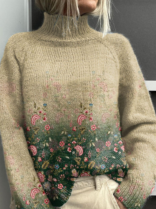 Vintage Floral Art Print Knit Turtleneck Pullover Sweater