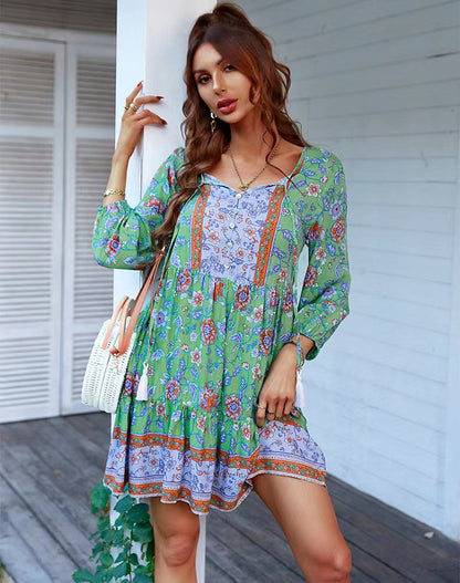 V-neck Print Casual Bohemian Lace-up Mini Dress