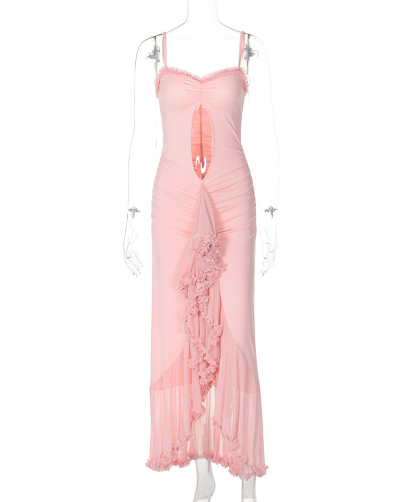 Embellished Tulle Lace Irregular Halter Dress