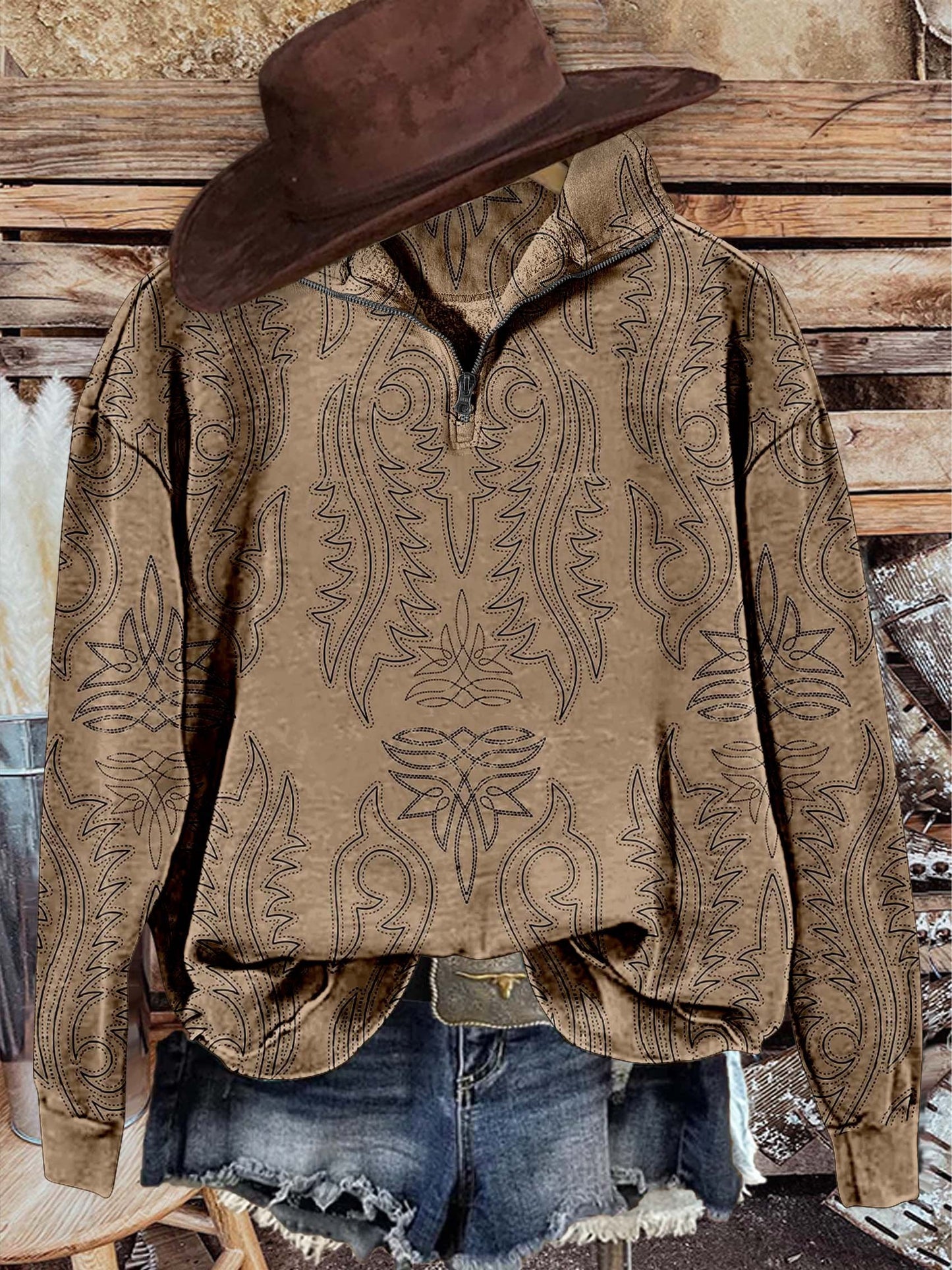 Western Casual Long Sleeve Zip Sweatshirt