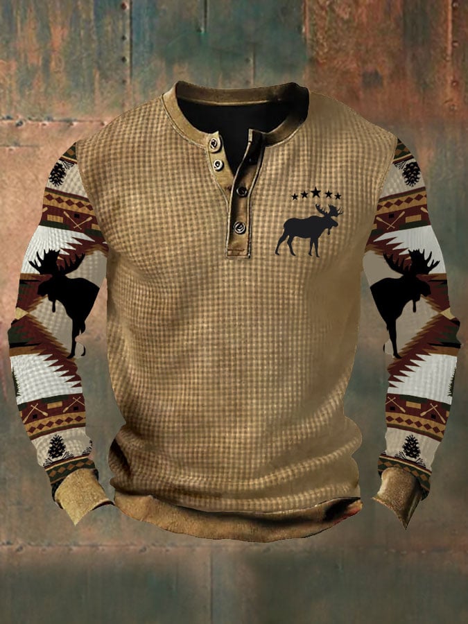 Men's Retro Moose Creek Ethnic Printed Fur Collar Patchwork Sweatshirt