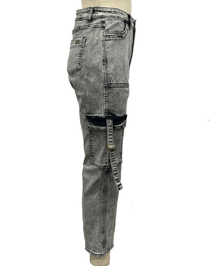 Women's High Waist Cargo Jeans Flap Pocket Wide Leg Denim Pants