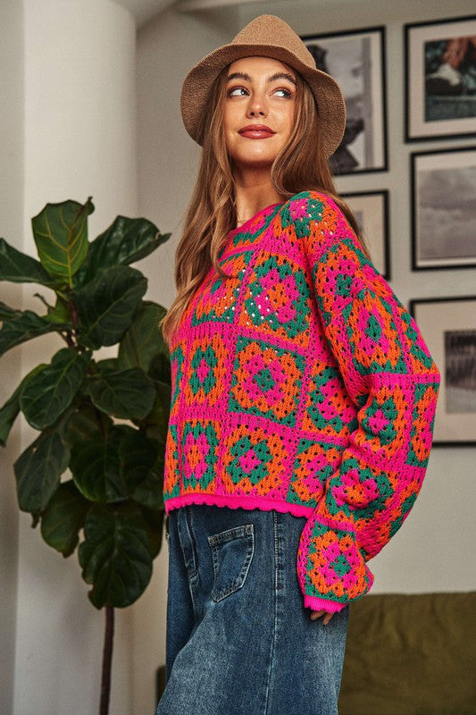 Crochet Patchwork Round Neck Pullover Sweater Top choice of colors