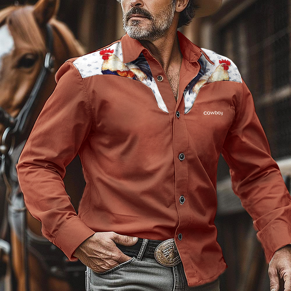 Men's Vintage Western Nomad Cock Rodeo Print Long Sleeve Shirt