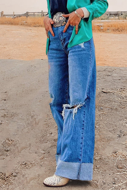 Vintage Wash Ripped Wide-leg Jeans