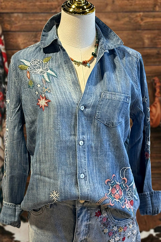 Pretty Floral Print Denim Shirt