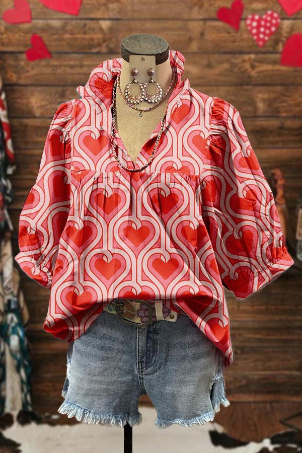 Romantic Valentine's Day Love Print Puff Sleeve Blouse