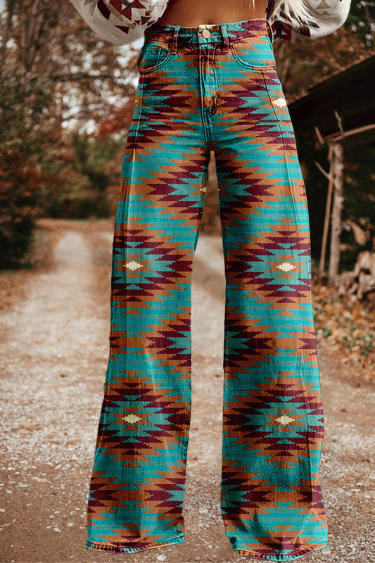 Vintage Western Aztec Print Wide Leg Trousers