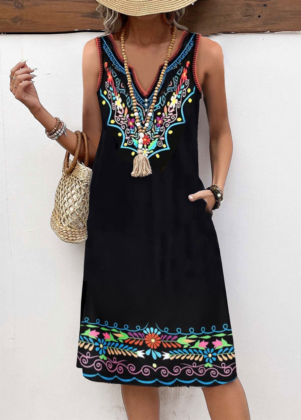 Breathable Tribal Print Black A Line Split Neck Dress